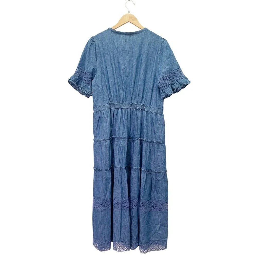 NWT Gap x LoveShackFancy Denim Tiered Midi Dress L Dark Wash Lace Button Front